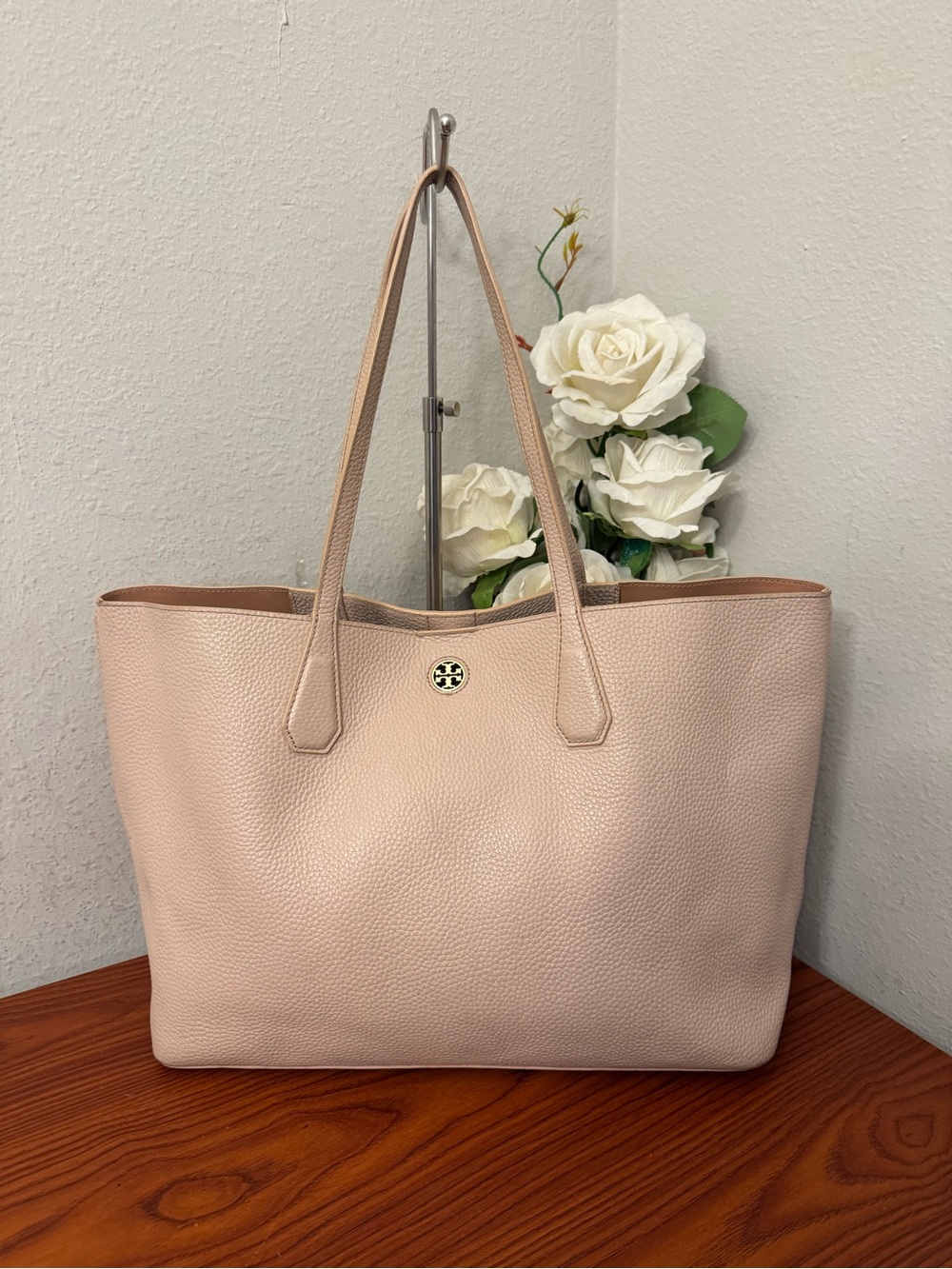 Tory Burch Light Blush Pebbled Leather Tote with Logo Disc